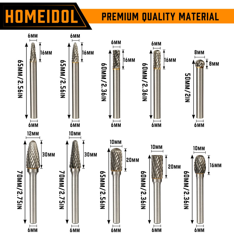 Carbide Burr Set Die Grinder Bits Rotary Tool Bits 1/4" Shank 10 PC Double Cut Wood Carving Accessories Cutting Burrs Metal Grinding Engraving Polishing Porting Trimming Shape 3