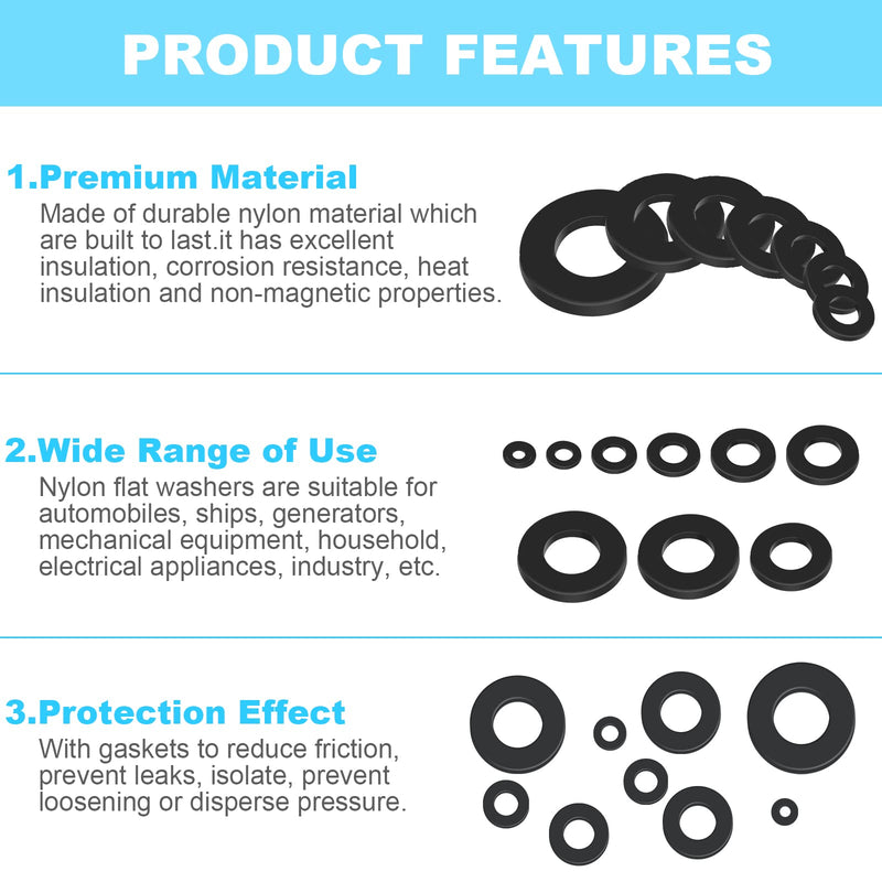 1200 Pcs Nylon Flat Washers for Screws Bolts, Black Plastic Washers, Premium Fender Washers Assortment Set, Assorted Washers Kit (9Sizes-M2 M2.5 M3 M4 M5 M6 M8 M10 M12) for Household & Commercial YLYL 1200 Pcs Nylon Flat Washers