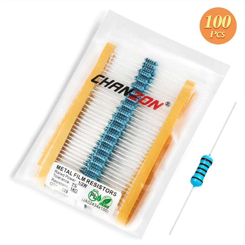 Chanzon 100pcs 1/2W (0.5W) 1K Ω ohm Metal Film Fixed Resistor 0.01 ±1% Tolerance 1KR MF Through Hole Resistors Current Limiting Rohs Certificated [1-2ZC11] 1K ohm