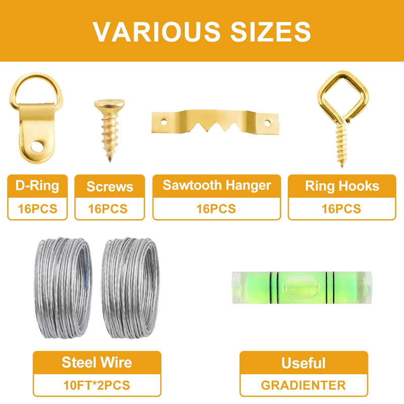 KURUI 303Pcs Picture Hanging Kit, Picture Hangers Assorted Kit With Heavy Duty Wall Hooks, Sawtooth, Picture Wire, D Rings, Hardware Nails, Eye Hooks and Picture Hanging Tool for Frame Canvas Mounting Gold