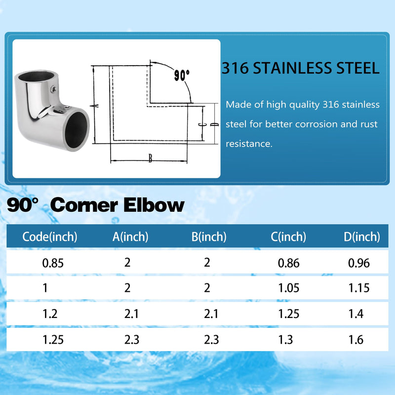 YANYUCB 2-Way Pipe Fitting Elbow Marine 316 Stainless 90 Degree Boat Hand Rail Fitting Elbow Pipe Connector O.D. Tube with L Shape Hex Key 7/8 inch