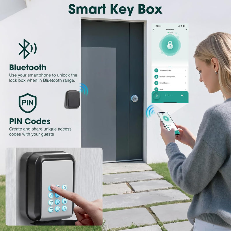 Smart Key Lock Box Electronic Bluetooth Lock Box with Tuya APP Control & PIN Code Types,Share eKey Wall Mounted Lock Box for Airbnb Realtor House Office