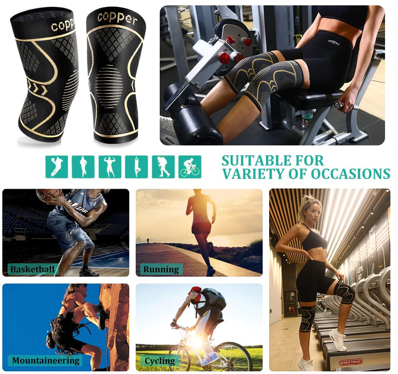 Copper Knee Braces for Women and Men 2 Pack, Knee Compression Sleeve for Knee Pain, Arthritis,ACL, Meniscus Tear, Joint Pain Relief, Knee Support for Running, Working Out, Fitness, Weightlifting-M Black+copper Medium