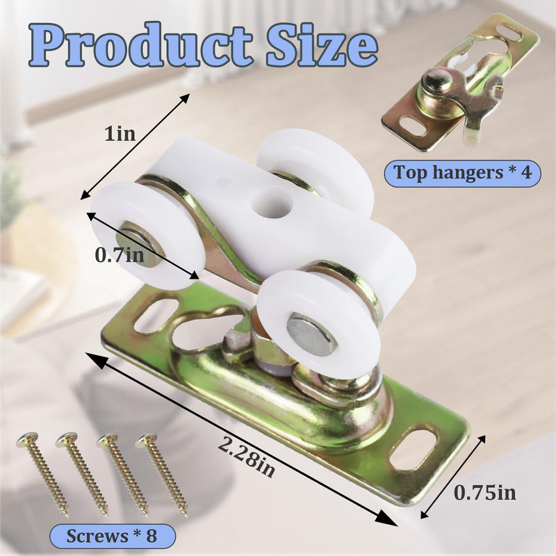 4Pcs Sliding Pocket Door Rollers Assembly for Johnson Part Hardware Kit, Sliding Door Wheels Replacement Part with Top Hanger for Bypass, Closet Doors