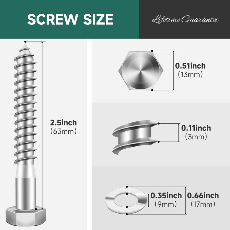 (12Sets) 5/16 Bolt, 5/16" x 2-1/2" Hex Head Lag Bolts, Heavy Duty Lag Screws with Washers, 304 Stainless Steel 18-8, 5/16 Bolt for Wood, Partial Thread 5/16" x 2-1/2" 12
