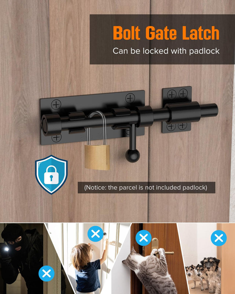 Barrel Bolt Latch, 6" Shed Door Latch, Heavy Duty Slide Bolt Gate Latch, Hardware Gate Drop Rod Bolt Lock for Barn Door, Wooden Fence, Courtyard, Backyard, Outdoor (Black - 2pcs) Black - 2pcs