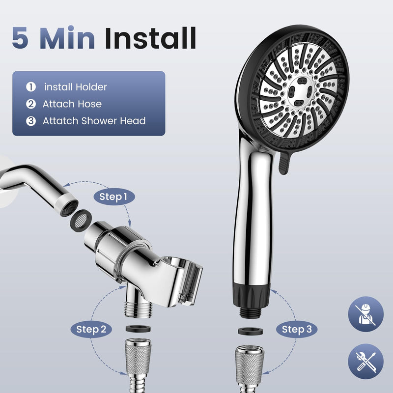 NSF Certified Shower Head with Filters, High Pressure Filtered Shower Head with Handheld 8 Mode, Water Softener Anti-clog Nozzles, Built-in Power Wash, Stainless Steel Hose,Overhead Brackets Chrome