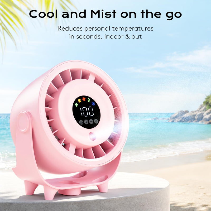 Desk Fan, Turbo Table Fan for Bedroom, Desktop Fans with Mist Spray, 100-Speed Digital Display, Low Noise, 120° Rotating, Rechargeable Battery, Wall-Mounted Design for Home, Office, Travel, Pink