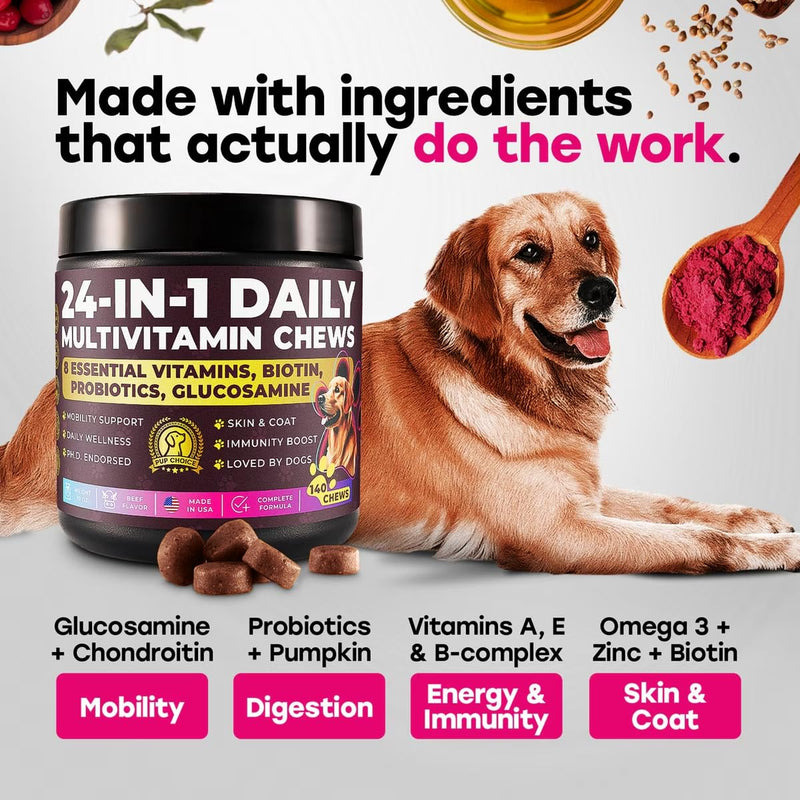 24-in-1 Dog Multivitamin Chews – Dog Vitamins and Supplements with Glucosamine, Chondroitin, Probiotics, Salmon Oil, Biotin – Daily Mobility, Digestion, Skin and Coat Support, Beef Flavor Multivitamin - Beef 1 Pack