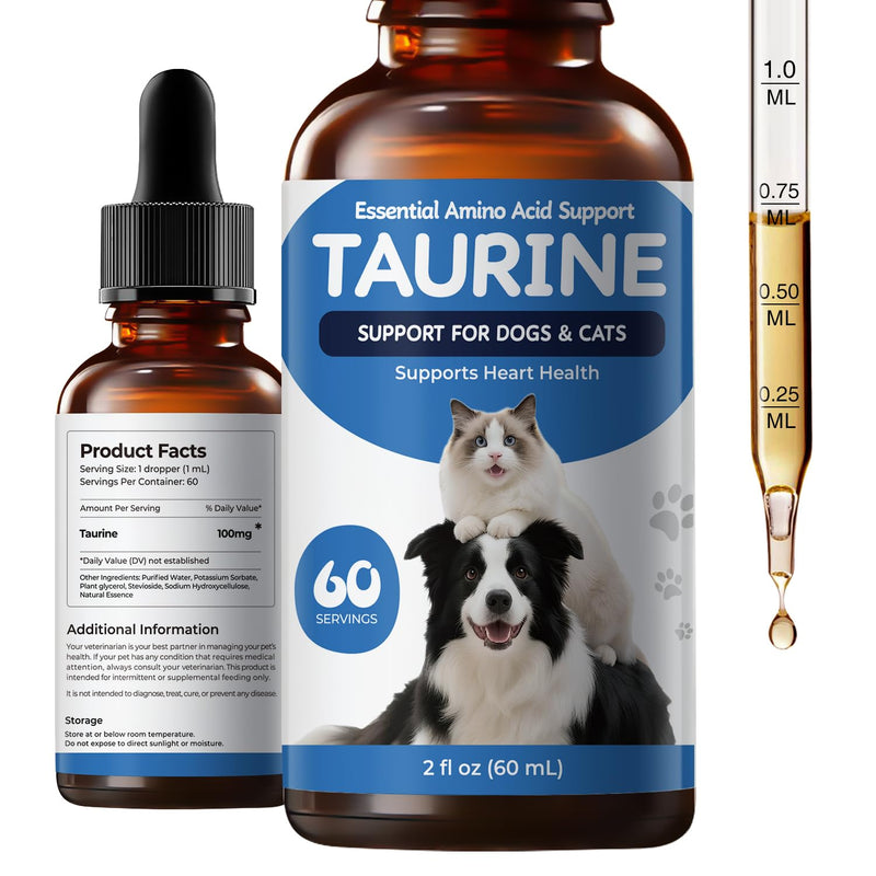 Taurine Supplement for Dogs & Cats, Pet Amino Acid Supplement for Heart Function, Muscle & Metabolic Support, Daily Nutrition for Pets, Liquid Taurine Drops, 2 fl oz (60 mL)