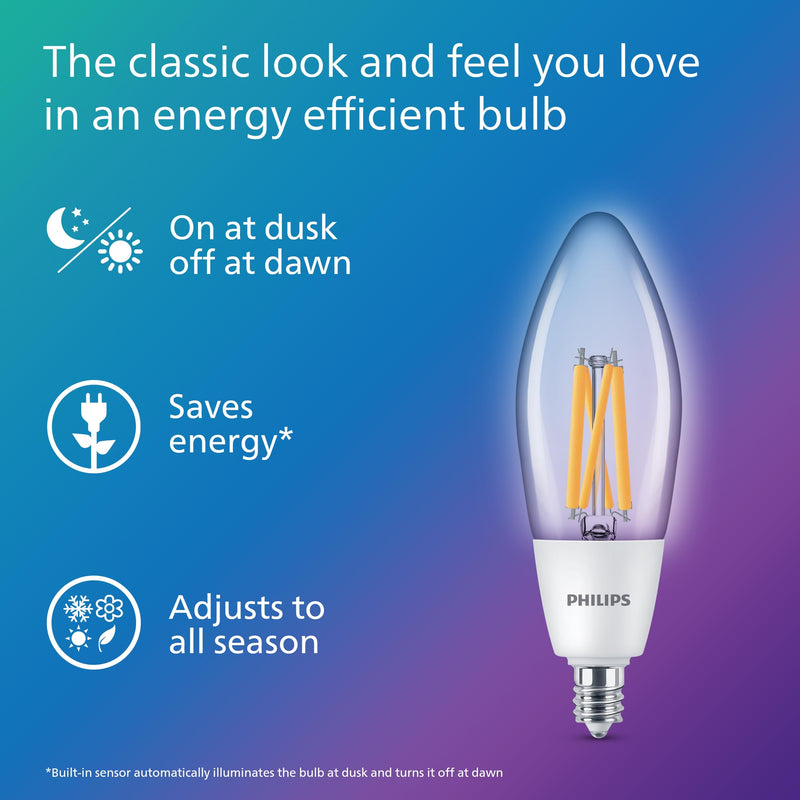PHILIPS LED 40W B12 4-Pack Dusk to Dawn Soft White (2700K) 300 Lumen (3W = 40W) Clear Flicker-Free Candelabra Light Bulbs
