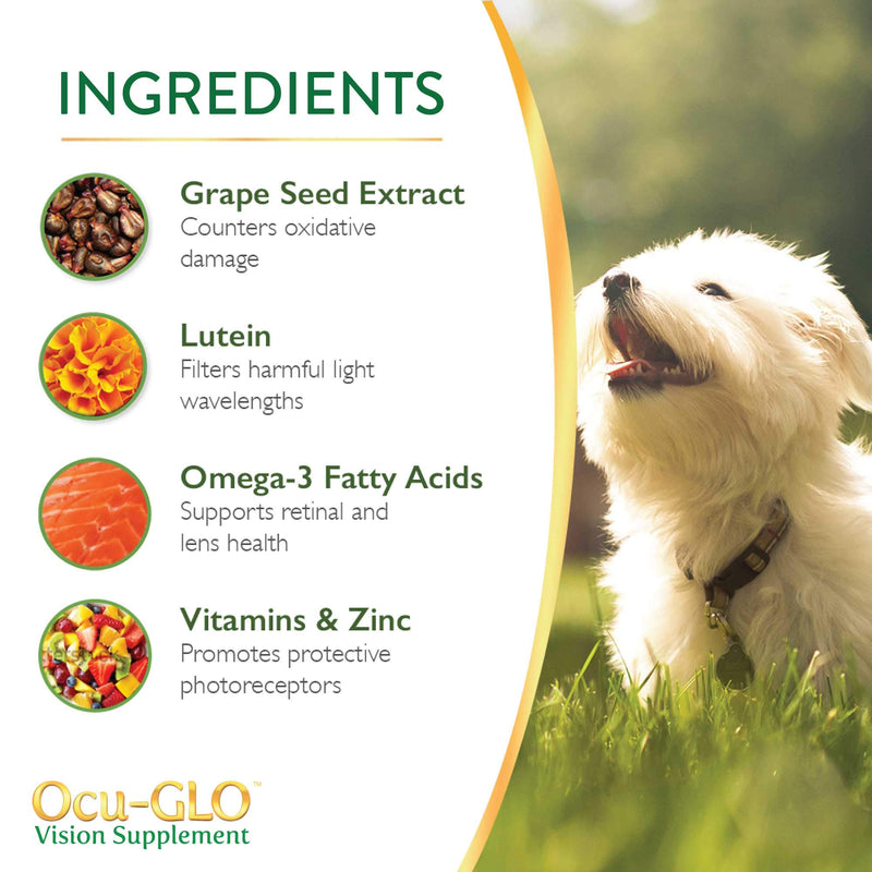 Ocu-GLO Cat & Dog Senior Supplement for Eye Support - Chewable Vision Vitamins Supplements for Large and Small Pets Care with Lutein, Omega-3 Fatty Acids, Grape Seed Extract & Antioxidants 60 Chewables (Pack of 1) - PawsPlanet Australia