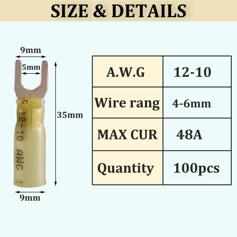 100pcs 12-10 AWG Marine Grade Heat Shrink Fork Connectors, ＃10 Tinned Copper Heat Shrink Fork Terminals, Insulated Electrical Spade Crimp Fork Wire Connectors (Yellow AWG12-10) Yellow AWG12-10