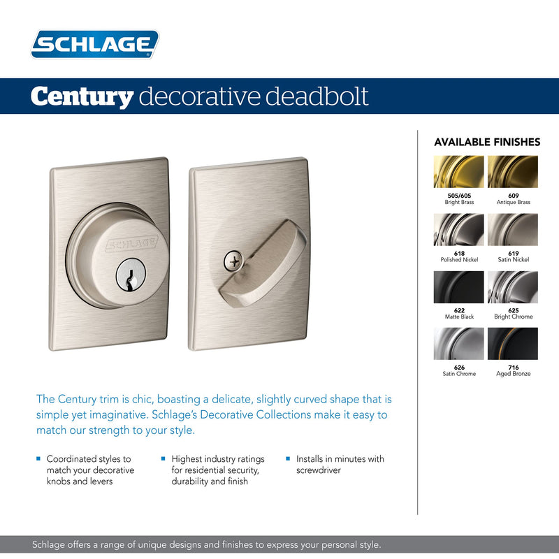 Schlage B60 N CEN 619 Deadbolt with Century Trim, Keyed 1 Side, Highest Residential Security, Satin Nickel