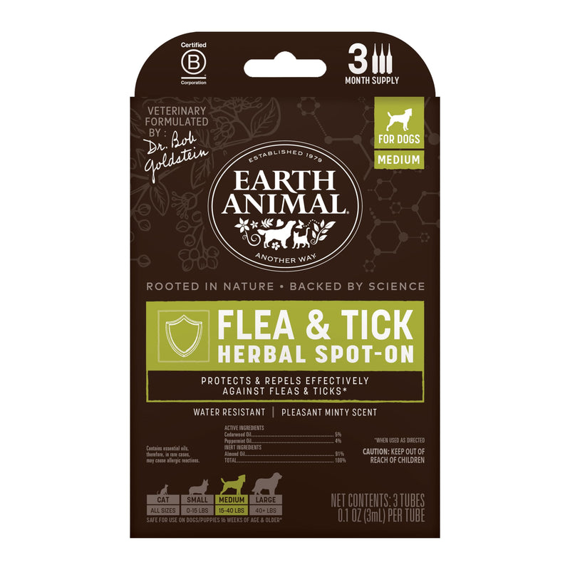Earth Animal Apothecary Natural Flea & Tick - Herbal Spot-On for Medium Dogs - 3 Applications (3 Month Supply)