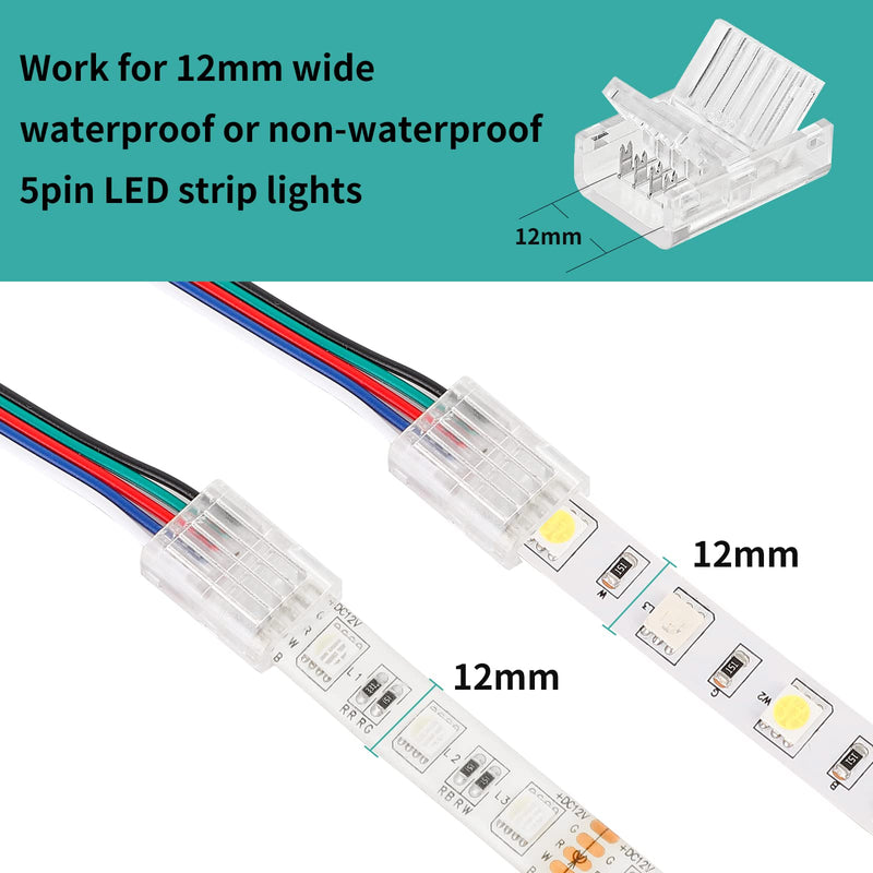 HOMELYLIFE 5 Pin LED Strip Connectors 12mm Solderless 10 Pcs with 16.4ft Extension Cable 5 Conductor for Waterproof or Non-Waterproof 12mm Wide RGBW RGBWW LED Strip Lights 5pin 12mm