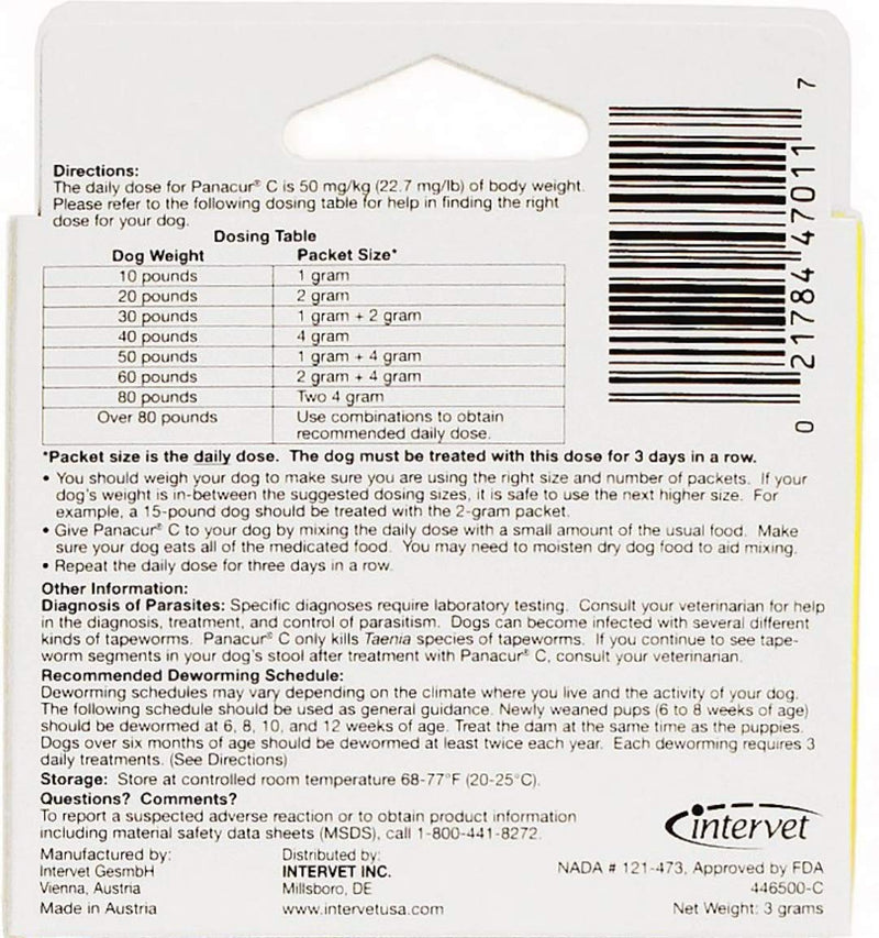 Panacur C Canine Dewormer Dogs 2 Gram Each Packet Treats 20 lbs (3 Packets) - PawsPlanet Australia