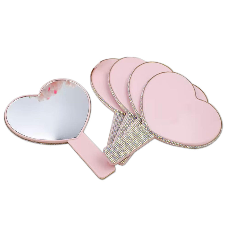 Generic Luxury 2 Pc Bling Diamond Rhinestone Heart Shaped Handheld Cosmetic Travel Mirror (Pink and Black)