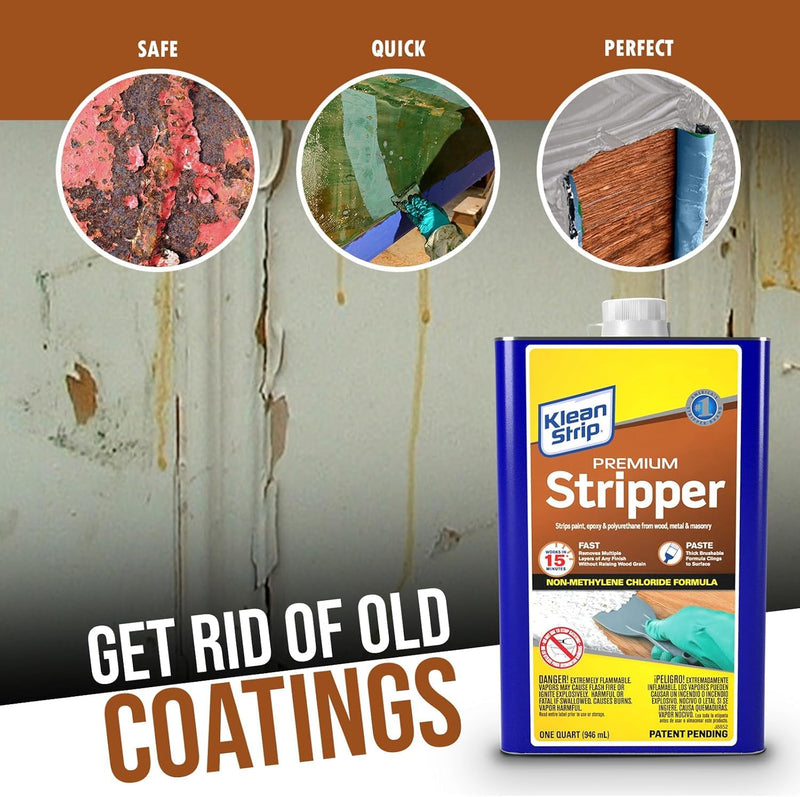 Paint & Varnish Remover Klean Strip Premium Stripper– Fast-Acting Stripper for Epoxy, Polyurethane, Wood, Metal & Masonry – Includes Protective Omni Depot Gloves – 1 QT