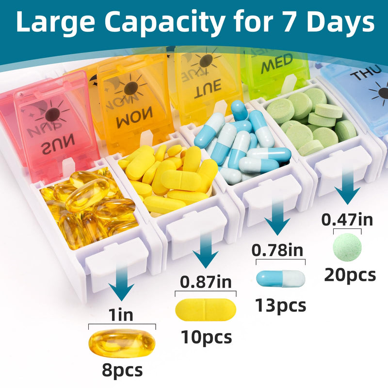 DailyRest Pill Organizer 2 Times a Day, 1 Pack Day Night Pill Case, Detachable Push Button Design, Large Compartment Weekly 7 Day Pill Box, Medicine Organizer for Fish Oil/Vitamins/Supplements 7 Colours