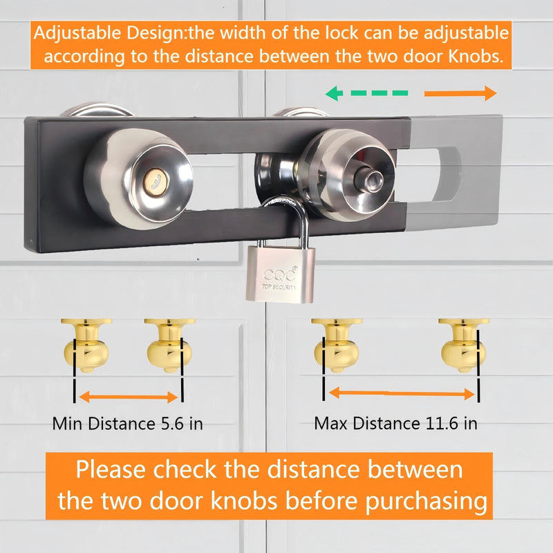 French Door Security Lock, Adjustable Double Door Lockout Device with Padlock, Reinforcement Locks for Knob and Handle Doors,Prevent Kick Ins,Childproof, Black