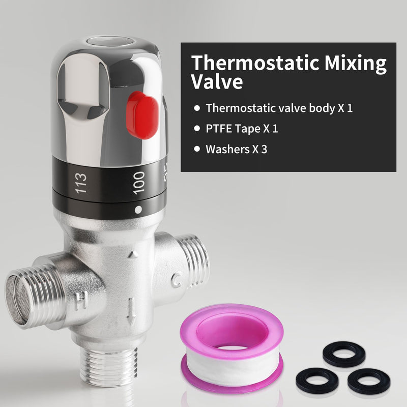 FUGO 1/2 NPT Thermostatic Mixing Valve,Water Mixing Valve with 1/2 NPT Male Connections,Solid Brass,Chrome Gray