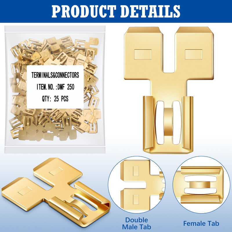 Tandefio 25 Pcs Double Piggyback Spade Connector Quick Disconnect Electrical 2 Way Wire Terminals Adapter Non Insulated Male Single Female Tab Slip Brass Automotive Double Spade Connector 1/4" Tab