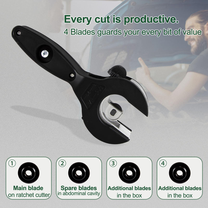 Ratche Tube Cutter Tool for Tight Spaces - One Hand 5/16" to 1-1/8" Copper Aluminum Brass Pipe Cutter w/ EN388 Gloves + 2 Bearing Blades (No Stainless Steel/PVC) XT600618