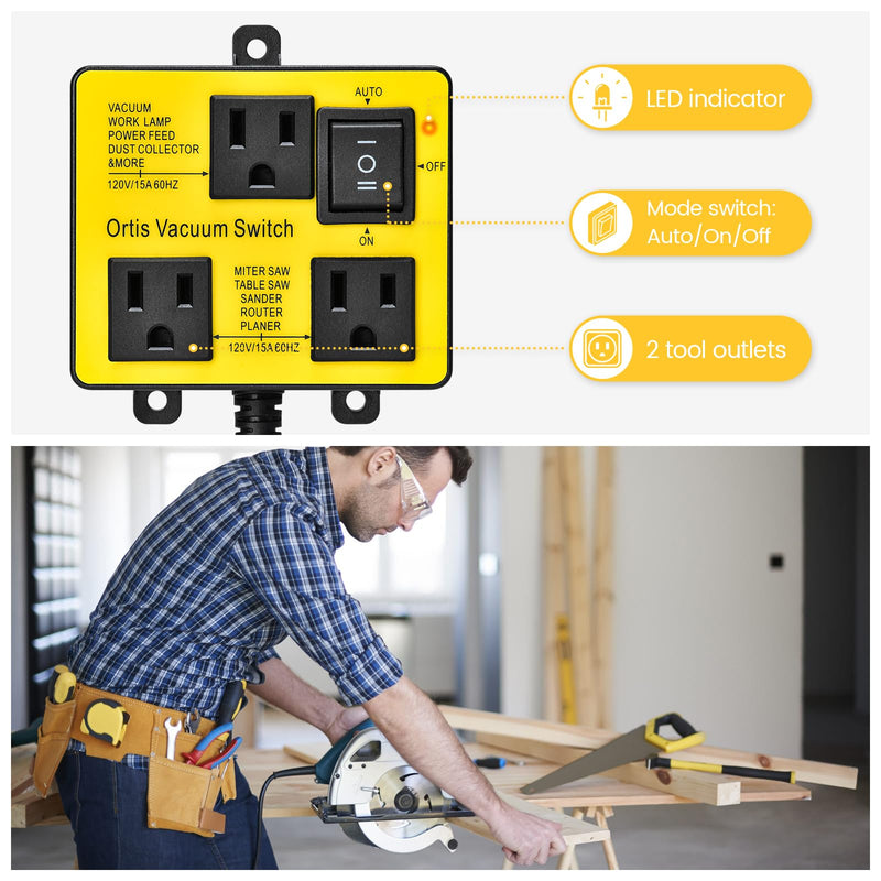 Automatic Vacuum Switch, Ortis Vacuum Switch for More Power Tools, Delay Vacuum On/Off to Prevent Circuit Overload and Tripping, Keep Your Workplace Cleaner, Better for Your Lung Yellow