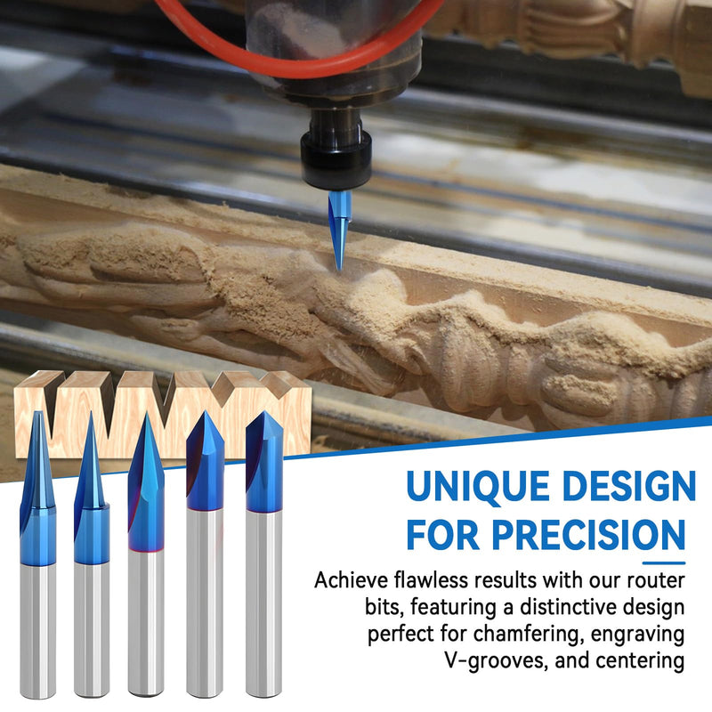 CNC Wood Carving Router Bits Set of 5, 1/4 Shank, 15°/20°/30°/60°/90° Engraving Bits 2 Flutes Straight CNC V-bit with Nano Blue Coating CNC Milling Cutter Engraving Router