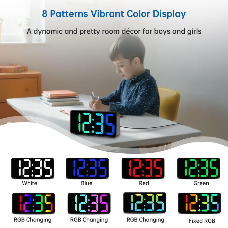 DreamSky Small Digital Alarm Clocks for Bedrooms - RGB Electric Alarm Clock for Kids Bedside Nightstand, Desk Clock with Large Numbers, Dimmer, Adjustable Alarm Volume, USB Port, USB-C Adapter Powered Black Case Rgb Digits