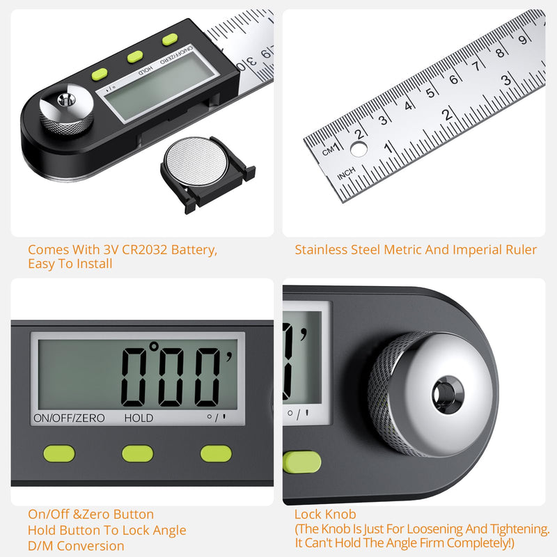 Neoteck 12 inch/30cm Stainless Steel Digital Angle Finder Protractor Ruler with Data Holding Function for Woodworking Construction Repairing