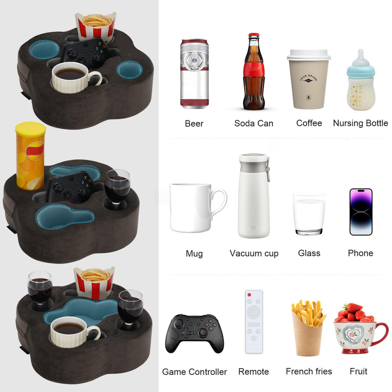 Couch Cup Holder Pillow, Sofa Organizer Caddy Bed Refreshment Tray for Drinks, Remotes, Phones, Snacks (Soot) 12*12*3.7 Inch Soot