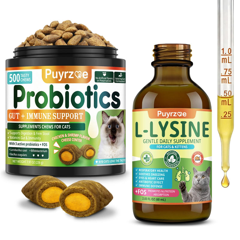 Puyrzoe Lysine for Cats Drops + Cat Probiotics Chews – Respiratory & Immune Support + Gut & Digestive Balance – Liquid Lysine 60ml + 500 Chews Crunchy Cheese Core with 3 Probiotics & FOS for Cats