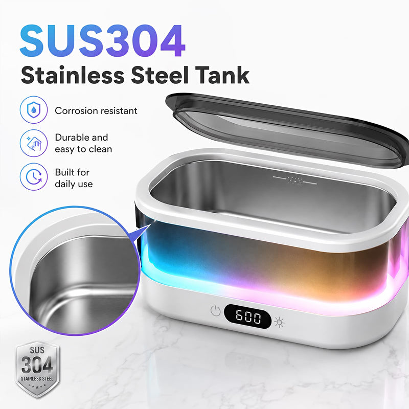 Ultrasonic Jewelry Cleaner, 48kHz Ultrasonic Cleaner Machine for Jewelry, Eyeglasses, Rings, Dentures, Watch Bands, 7-Color Flowing LED Light, 304 Stainless Steel, Digital Timer, Dual Cleaning Modes