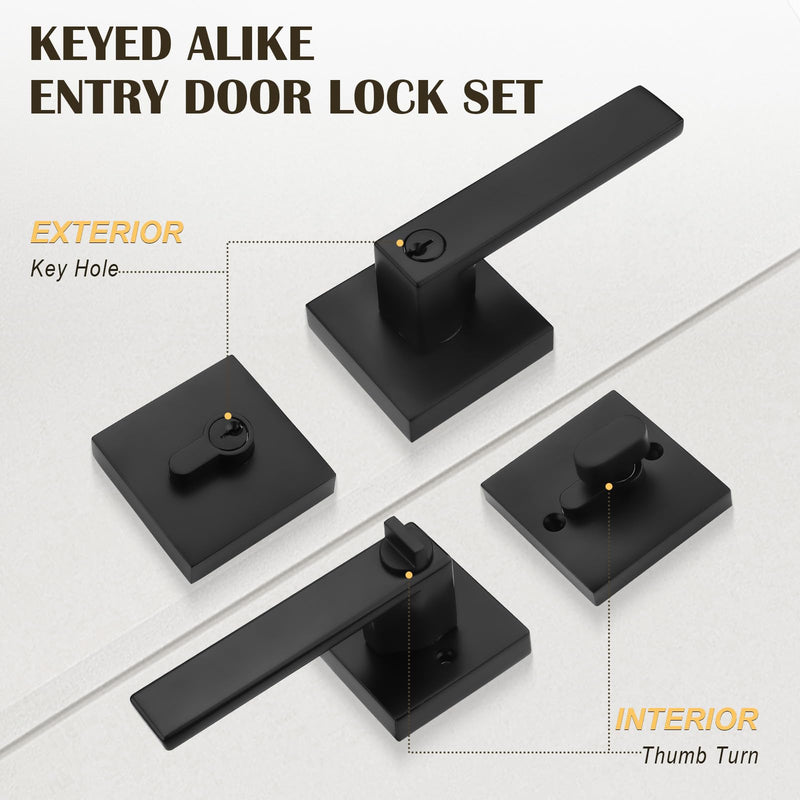 1 Pack Keyed Entry Door Lever and Single Cylinder Deadbolt Set, Keyed Alike Reversible Lockset, Matte Black Square Interior/Exterior Handleset for Bedroom, Front Door 1 Pack Modern Mattte Black