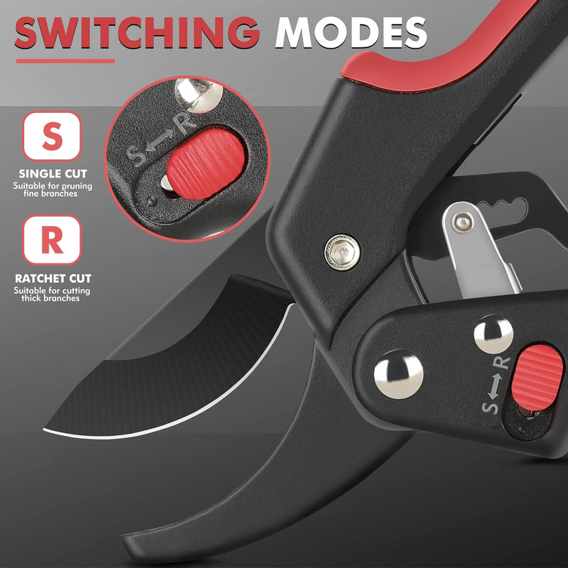 Ratchet Pruning Shears for Gardening Heavy Duty - Increases Cutting Power 3x - Perfect Ratchet Pruners for Weak Hands & Arthritis- 8” Anvil Garden Clippers - w/Extra Sharp Blade for Effortless Cutting