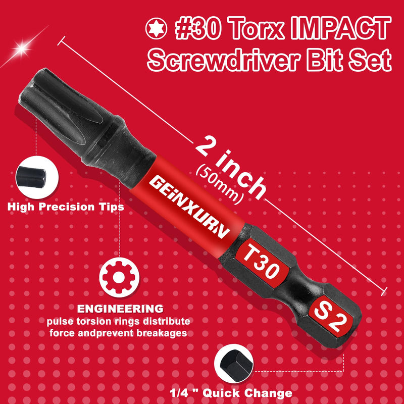 15 Pieces T30 Impact Tough Magnetic Screwdriver Bit Set, 2 In. #30 Torx Head Power Bit Set, S2 Alloy Steel T30 Star Bit Set 2"-15PCS