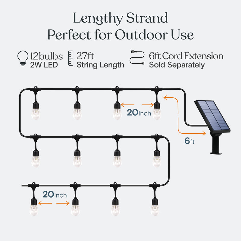 Brightech Ambience Pro Solar Powered Outdoor Patio String Lights - Commercial Grade 27 Ft Waterproof with 12 Edison Bulbs , Shatterproof LED - 2W , Soft White 2W - 3000K (Soft White) 27Ft