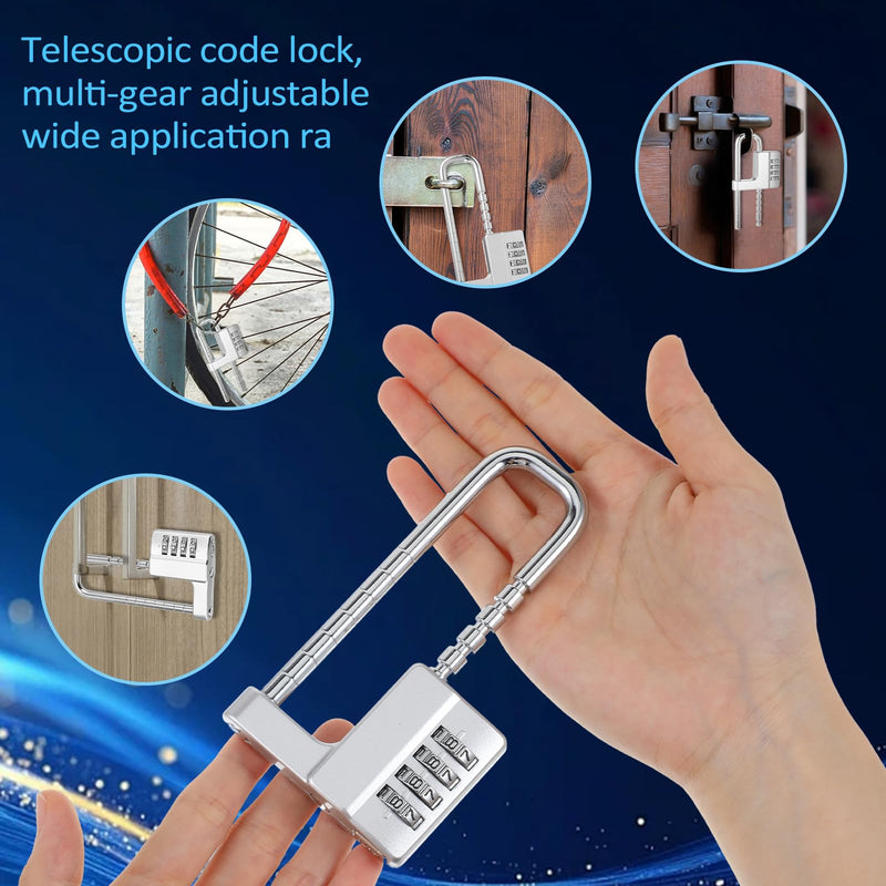 2Pcs 4Digit Combination Cabinet Lock U Shaped Code, Stainless Steel Adjustable Padlock with Code, Waterproof Metal Long Shackle Lock Retractable for Outdoor College Fences Sports Locker Gym