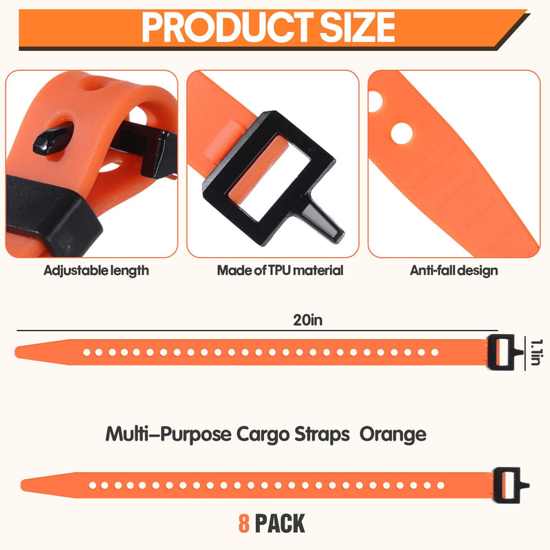 Blulu 8 Pack Reusable Industrial Straps 20" Length Reliable Tension Straps for Securing Bike Motor Gear -70 Lb. Working Load, Elastic Cable Ties for Welders Skis, Garden Hoses (Orange) Orange 20"