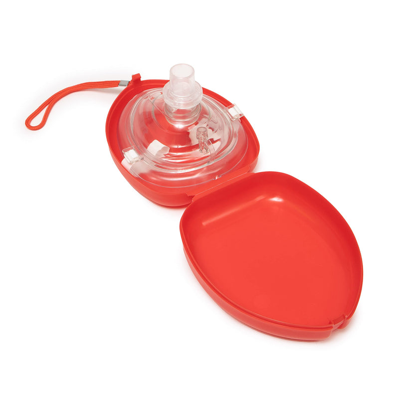 PrimaCare RS-6845 Single Valve CPR Rescue Mask in Red Hard Case, Adult/Child Pocket Resuscitator with Elastic Strap, Air Cushioned Edge, 6.5" x 4.8" x 1.6", Red, Clear 1 Count (Pack of 1)