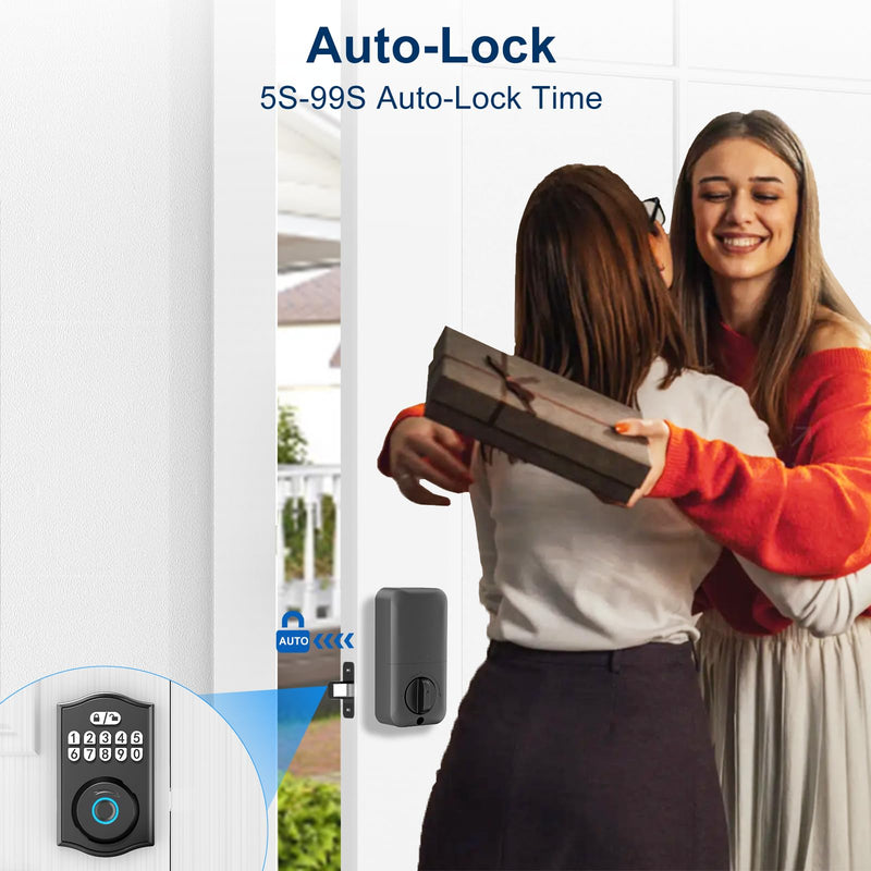 Smart Door Lock - Keyless Entry with Fingerprint/Bluetooth APP Control/Password, Auto Lock, One Time Code, Black