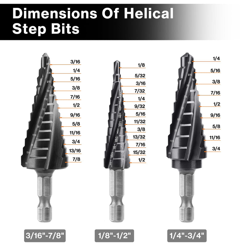 Lytool 3-Piece M35 Cobalt Step Drill Bit Set, 34 Sizes 1/8"-7/8" Unibit Bits, 4 Spiral Flute 1/4" Hex Shank for Sheet Metal, Stainless Steel, Aluminum, Wood, Plastic