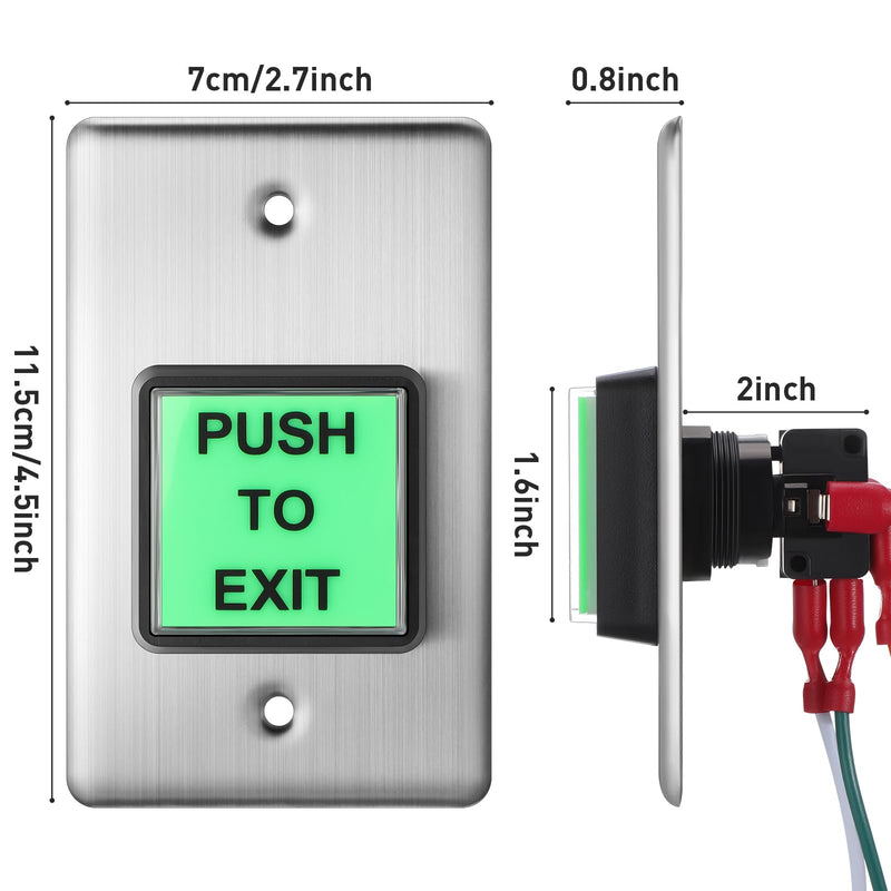 2 Pcs Push to Exit Button Indoor Green Square Request to Exit Button Stainless Steel Wall Plate with Green LED Square