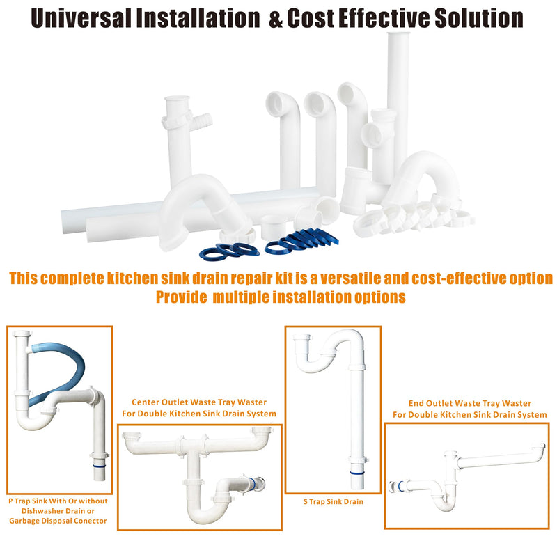 Kitchen Sink Drain Kit,1-1/2”,for Most Kitchen Sink Drain Repair Kit and Bathroom Sink Drain Kit, Kitchen Sink P Trap Drain Kit 1 1/2” for Sink Plumbing Kit, Completed Sink Pipe Replacement Kit