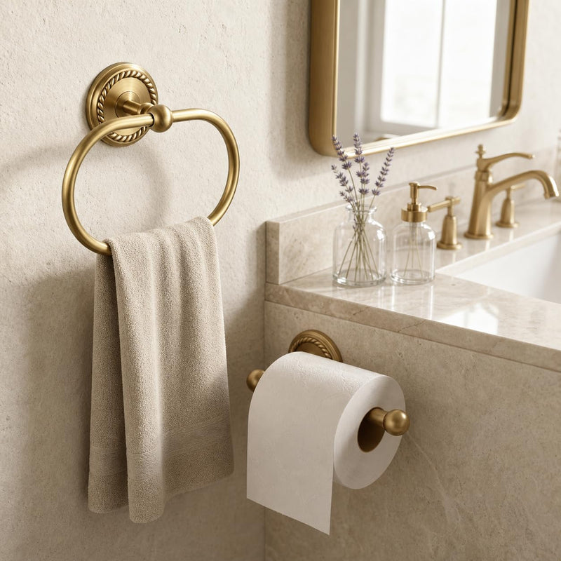 2-Piece Antique Brass Toilet Paper Holder & Towel Ring Set | Vintage Elegant Wall Mounted Retro Bathroom Hardware Tissue Roll Paper Hanger Bathroom Accessories