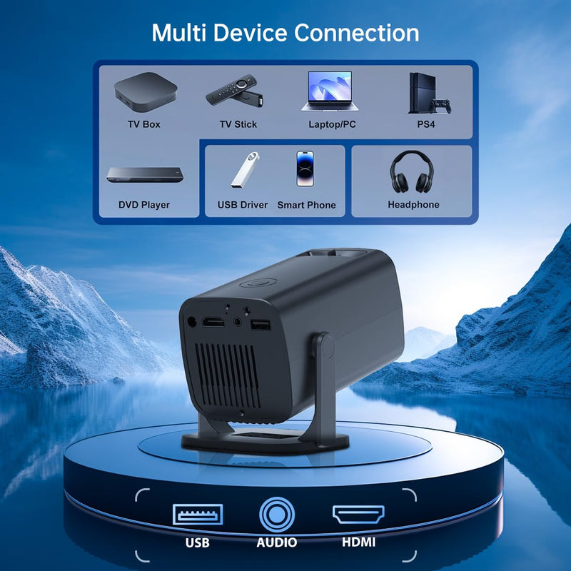Mini Projector, Full HD 1080P Support Portable Outdoor Movie Projector, Smart Projector Compatible with Smartphone/TV Stick/Laptop/USB/HDMI, Indoor & Outdoor Use Standard System&Black