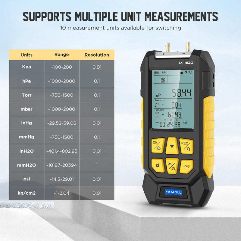 Dual-Port HVAC Manometer with 7 Adapters, 10 Units Switch, Data Locking & Storage, -100~200Kpa, Magnetic Back, Backlit Display Screen Manometer Gas Pressure Tester, PT520