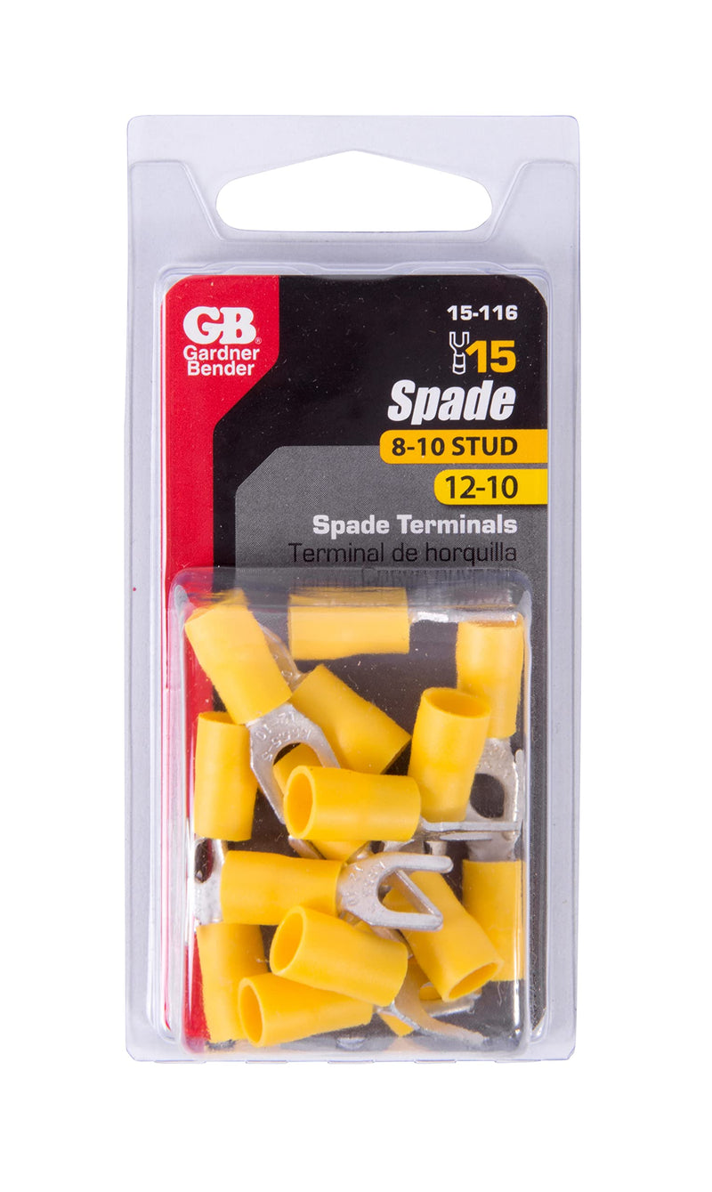 Gardner Bender 15-116 Terminal Spade, 10-8 Stud Sz, 15 Pack, Yellow (12-10 AWG), 5 Count Yellow (12-10 AWG)